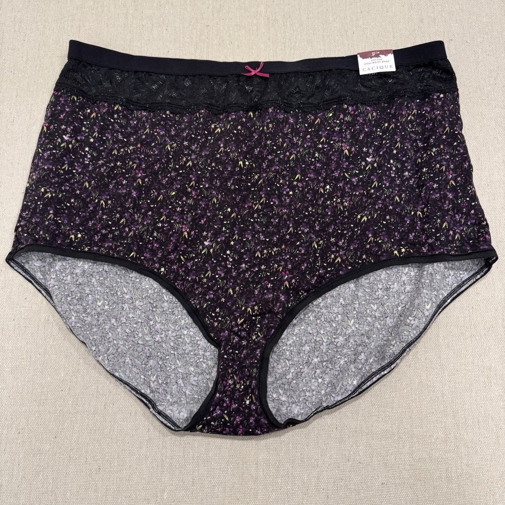 NWT Cacique Black Purple Floral High-Waist Brief Panty Plus Size 26/28